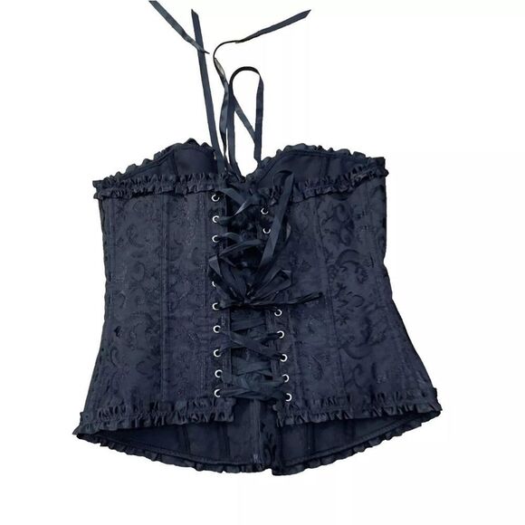 Black Zip Corset Womens Small Damask Floral Black Lace Cinch Zip Goth Fairy S - Picture 2 of 16
